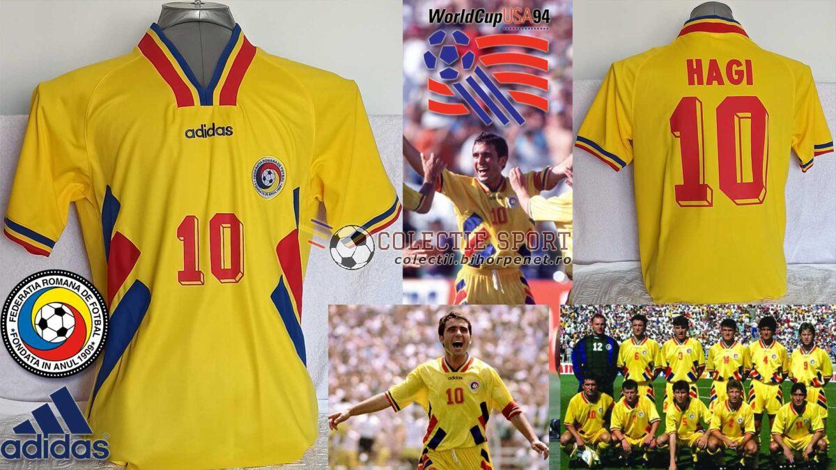 Tricou Adidas România, World Cup 1994, 10. Gheorghe Hagi. Jos, dreapta: România la World Cup 1994.