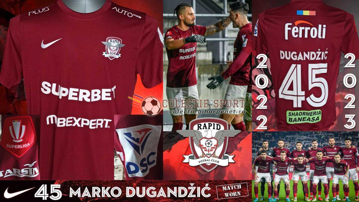 Official game t-shirt Rapid București 2022-2023, match worn, 45. Marko Dungadžić, Nike, first kit. Photo credit: https://www.facebook.com/FCRapid1923oficial